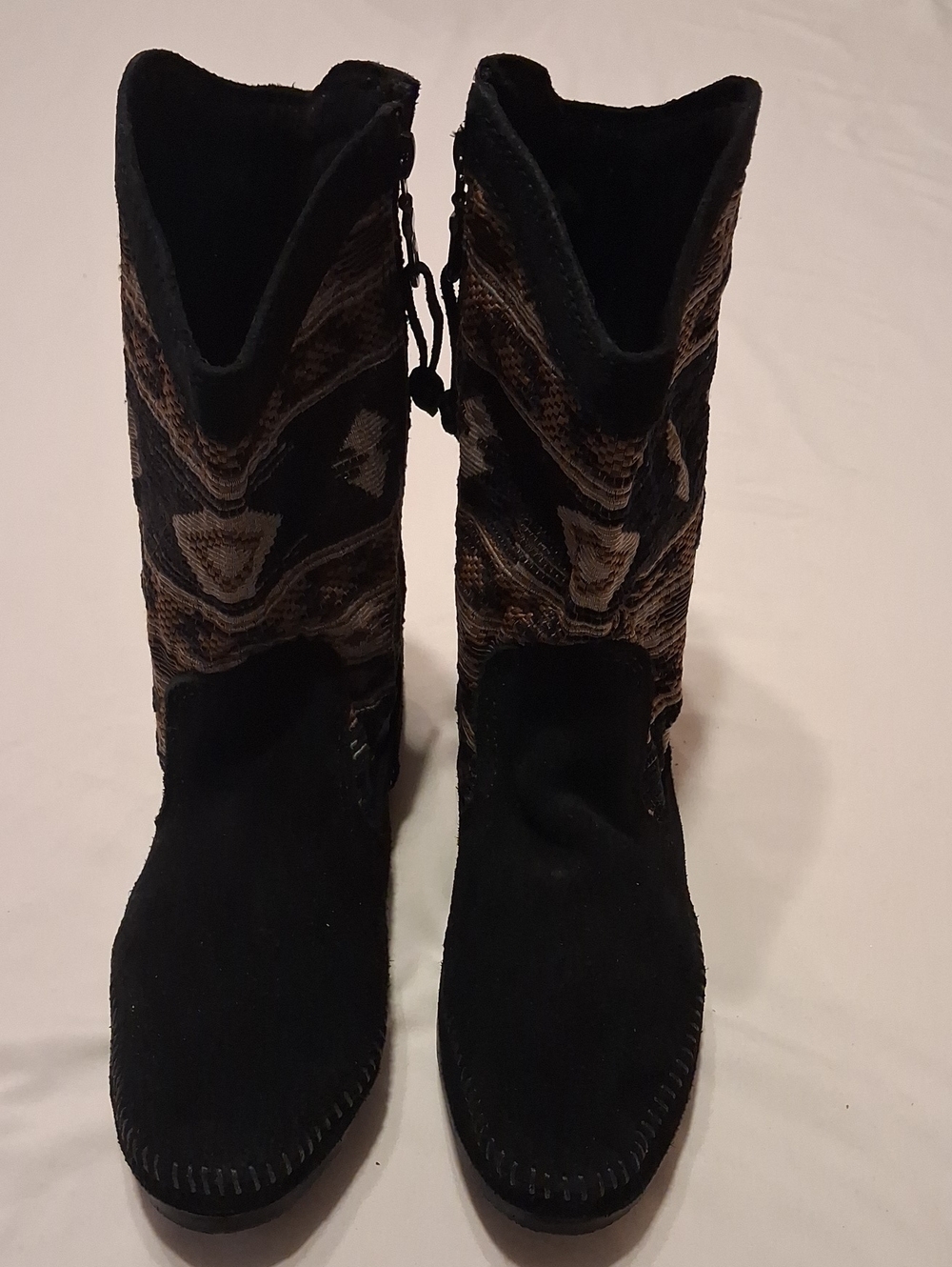 Minnetonka Black and Brown Patterned Mid-Calf Suede Boots